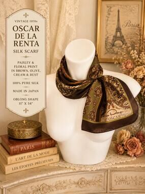 Vintage 70s Oscar de la Renta Silk Scarf Brown Olive Paisley 11x54 Oblong